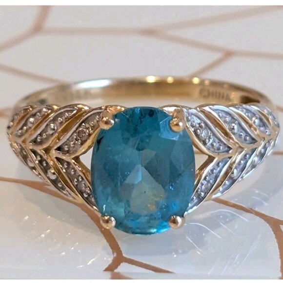 14k Blue Topaz Ring Vintage Gold Diamond Accents December Birthstone Signed Sz 6 - Picture 1 of 9